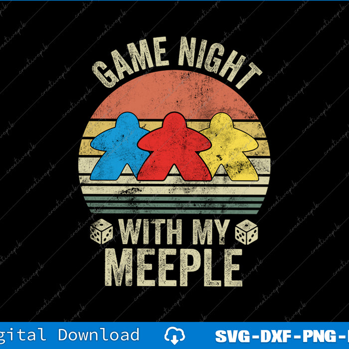 Vintage-style graphic with text 'Game Night with my Meeple' featuring colorful meeple figures and dice on a black background.