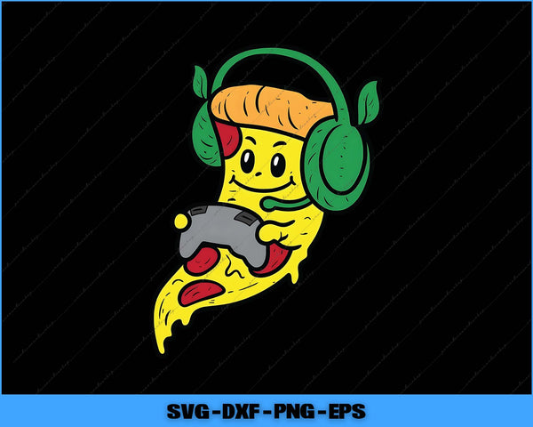 Cartoon pizza slice with headphones and a gaming console on a black background
