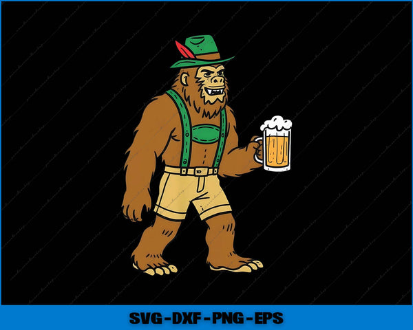 Illustration of a bear-like creature wearing a hat and holding a beer mug on a black background.