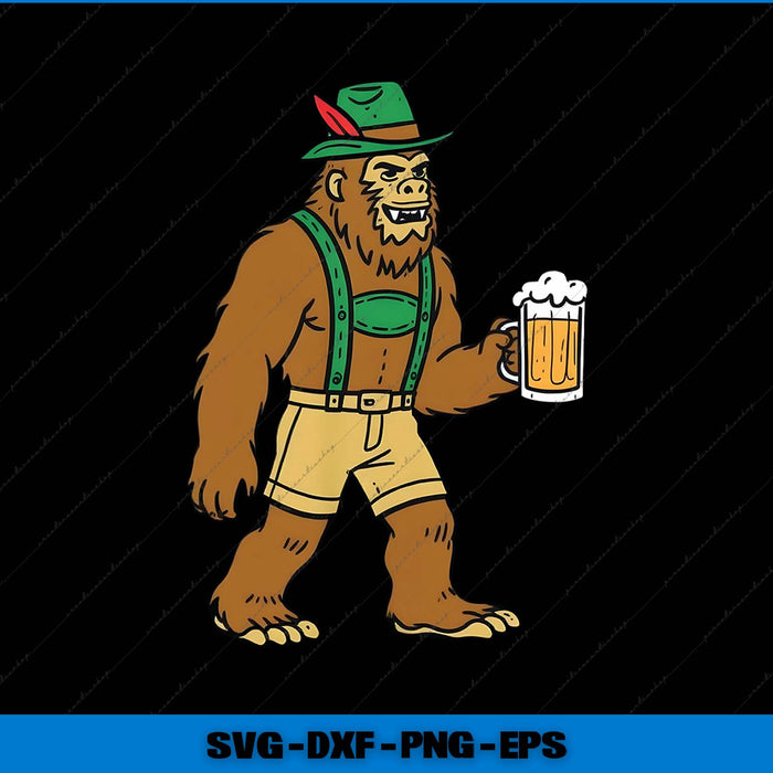 Illustration of a bear-like creature wearing a hat and holding a beer mug on a black background.