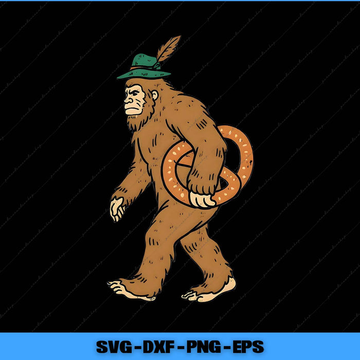 Illustration of a Sasquatch wearing a hat with a feather on a black background.