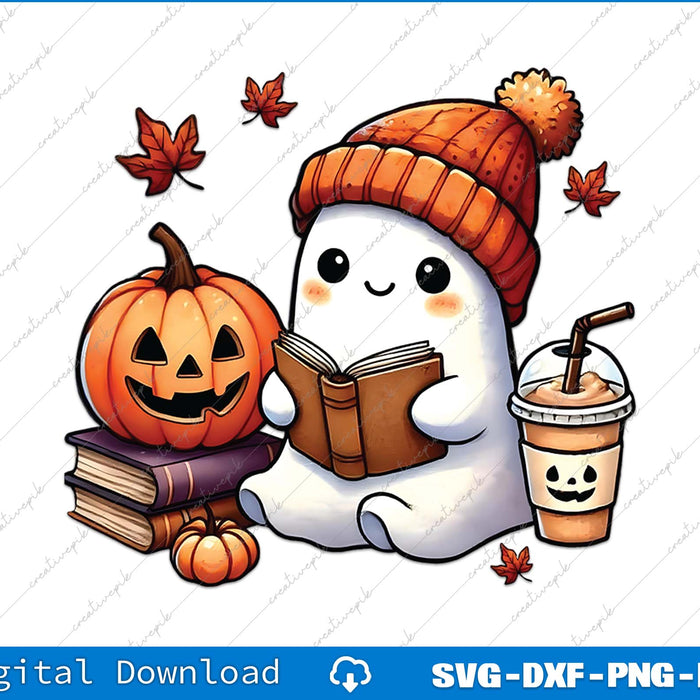 Cartoon ghost reading a book with a pumpkin, surrounded by autumn leaves, on a white background.