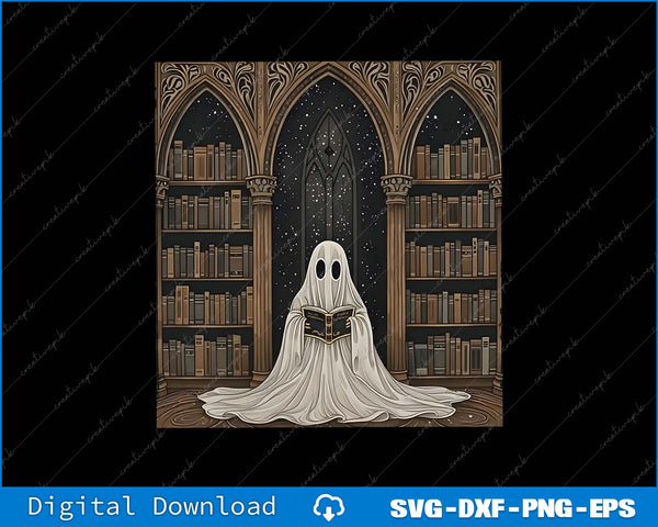 Ghost reading a book in a library with gothic architecture