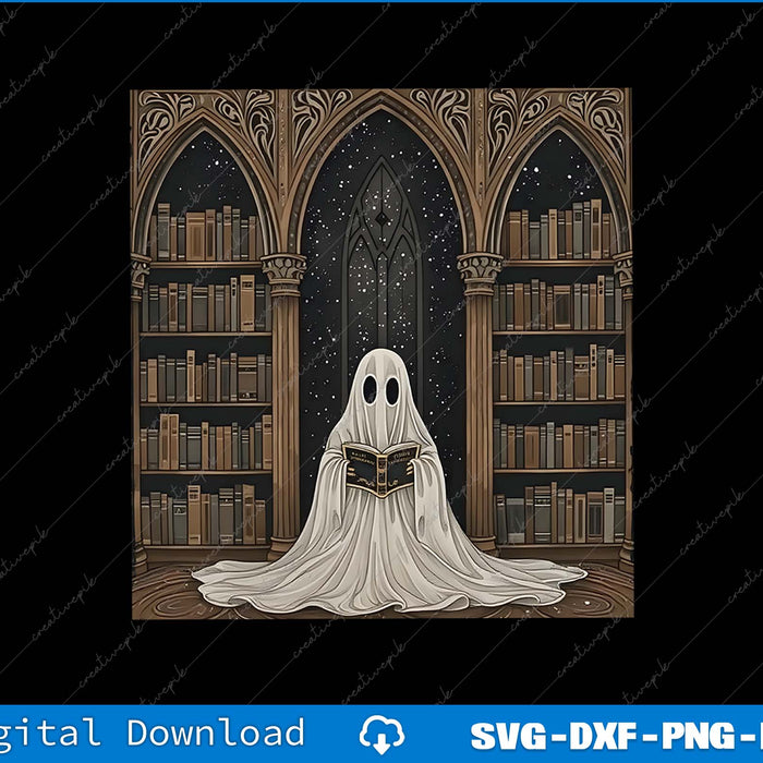 Ghost reading a book in a library with gothic architecture