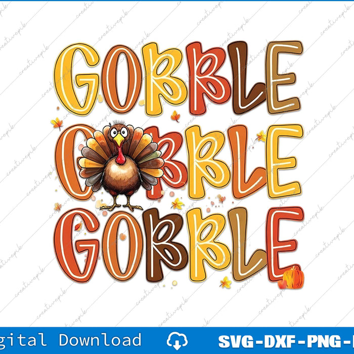 Colorful 'Gobble Gobble Gobble' text with a turkey graphic on a white background.