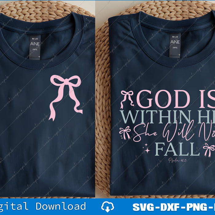 Two navy blue t-shirts with pink graphics and text on a woven surface.
