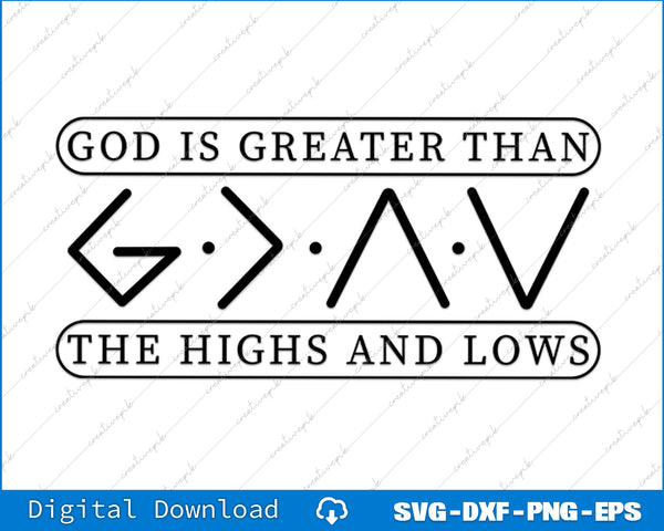 Motivational quote 'God is greater than the highs and lows' with symbols on a white background.
