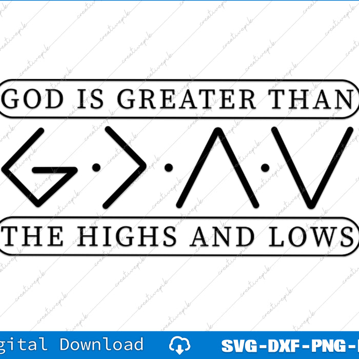 Motivational quote 'God is greater than the highs and lows' with symbols on a white background.