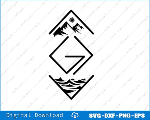 Black geometric design with mountain and wave elements on a white background