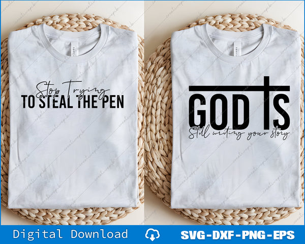 Two white t-shirts with humorous text designs on a woven mat.