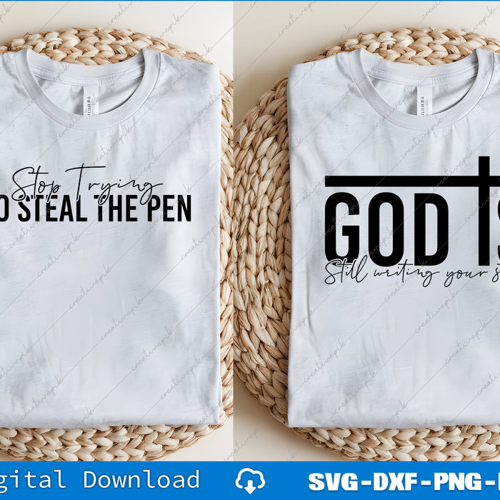 Two white t-shirts with humorous text designs on a woven mat.