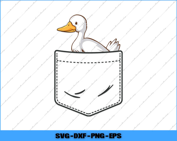 Cartoon duck peeking out of a pocket on a white background with a blue border.