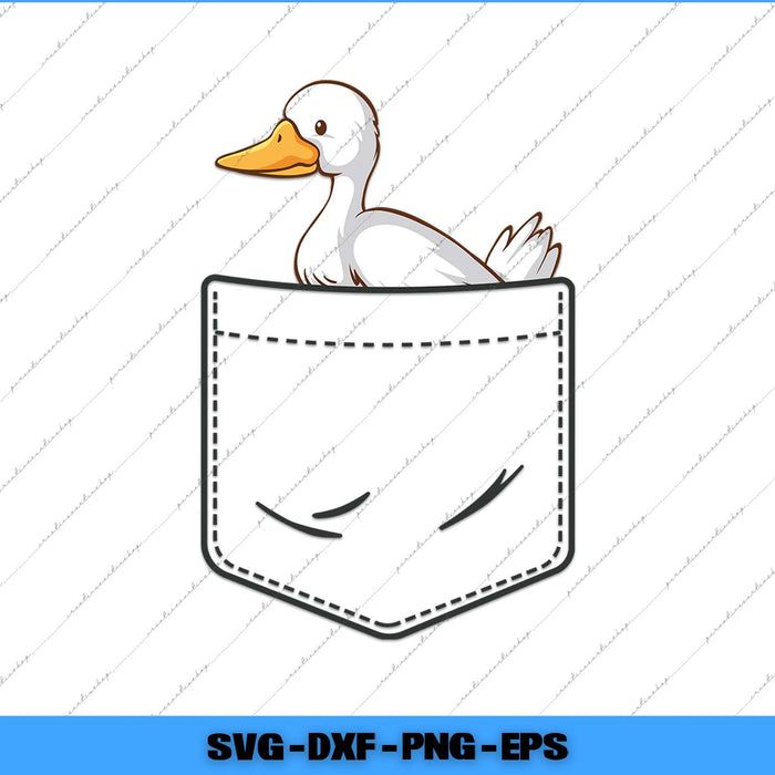 Cartoon duck peeking out of a pocket on a white background with a blue border.