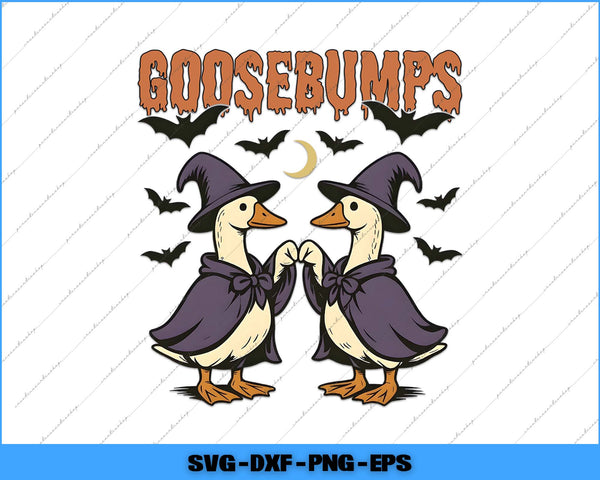 Two ducks in witch costumes with 'Goosebumps' text and bats on a white background.