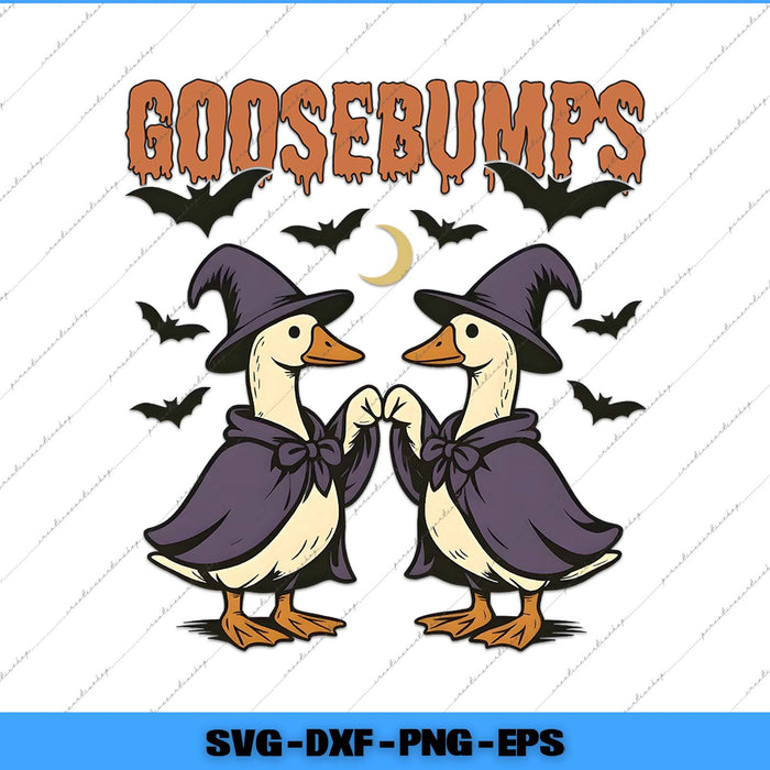Two ducks in witch costumes with 'Goosebumps' text and bats on a white background.