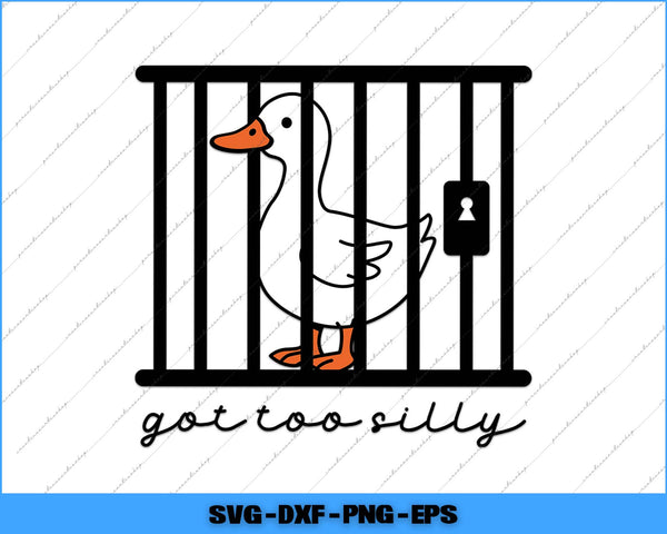 Illustration of a goose in a cage with the text 'got too silly' on a white background.