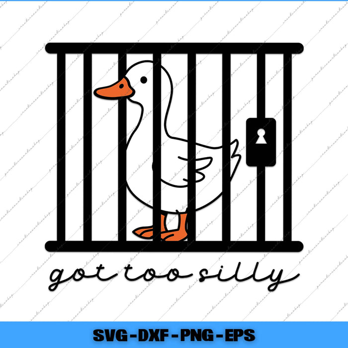 Illustration of a goose in a cage with the text 'got too silly' on a white background.