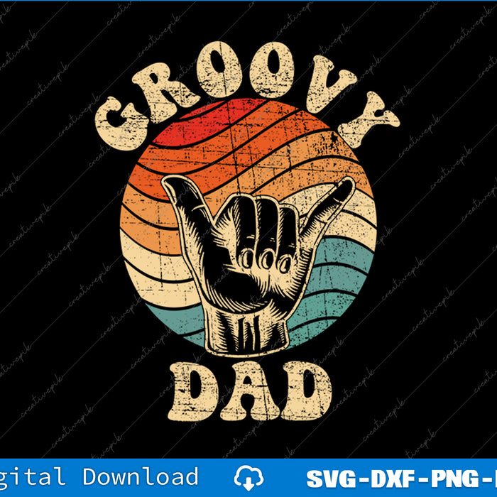 Vintage-style graphic with 'Groovy Dad' text and hand symbol on a black background