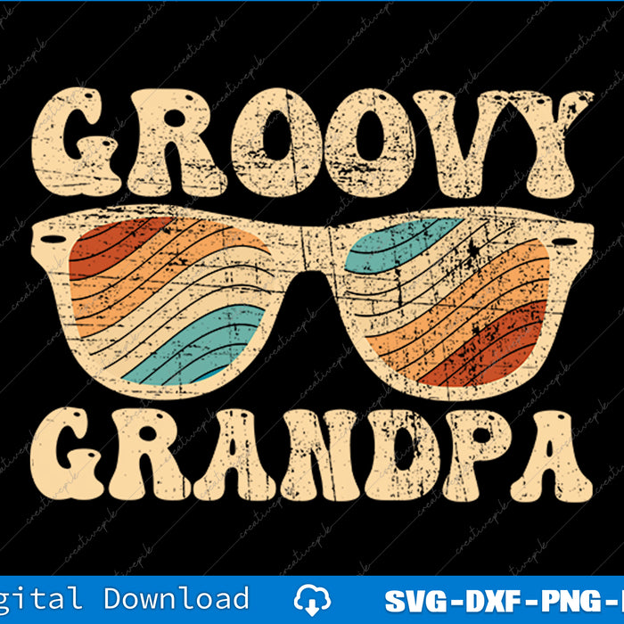 Vintage-style sunglasses with 'Groovy Grandpa' text on a black background