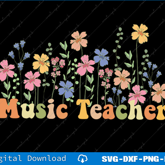 Colorful floral design with 'Music Teacher' text on a black background