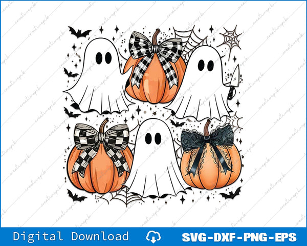 Halloween-themed design with pumpkins, ghosts, and decorative bows on a white background.