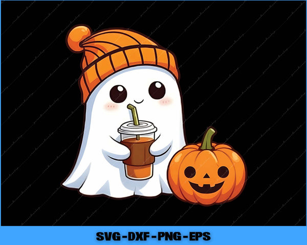 Cartoon ghost character with a pumpkin hat and pumpkin, holding a drink, on a black background.
