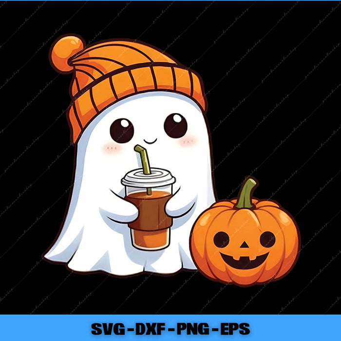 Cartoon ghost character with a pumpkin hat and pumpkin, holding a drink, on a black background.