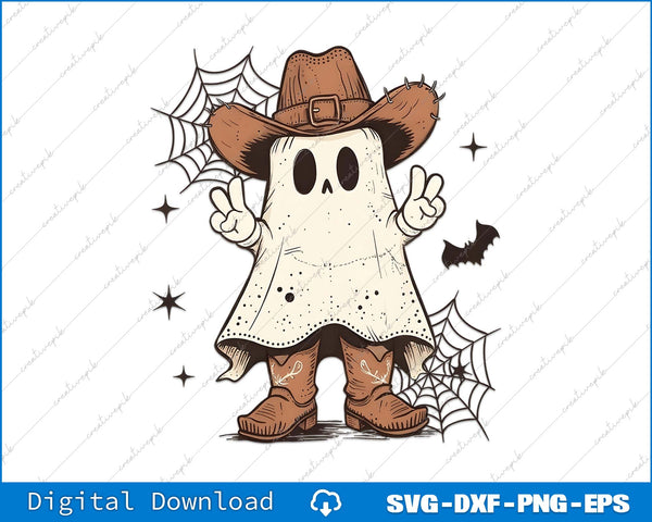 Ghost in cowboy hat and boots with spider webs and bats on a white background