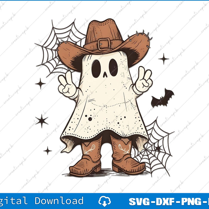 Ghost in cowboy hat and boots with spider webs and bats on a white background