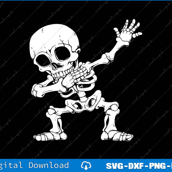 Skeleton waving with digital download options at the bottom