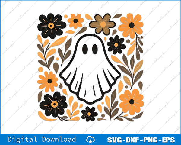 Ghost design surrounded by flowers on a white background with digital download text.