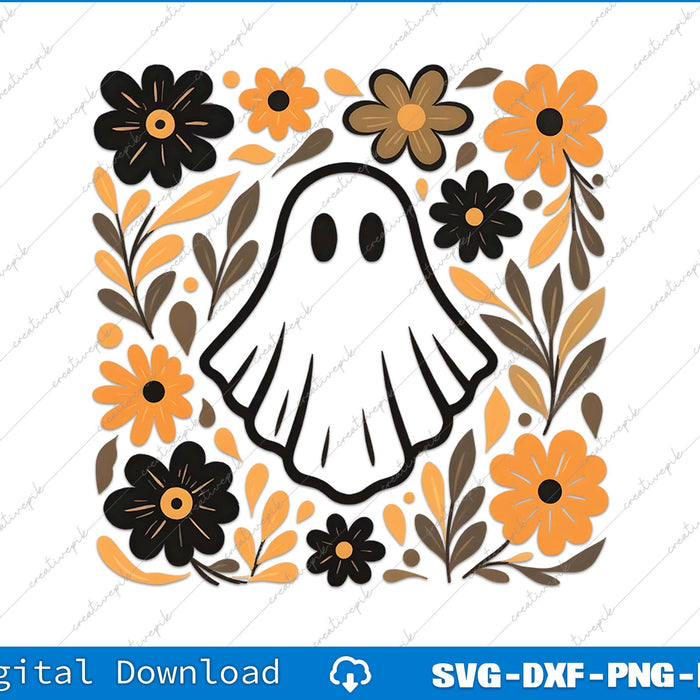 Ghost design surrounded by flowers on a white background with digital download text.
