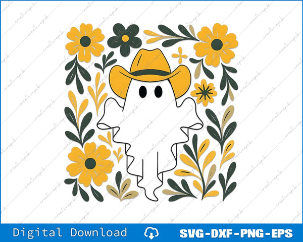 Ghost wearing a yellow hat surrounded by flowers on a white background