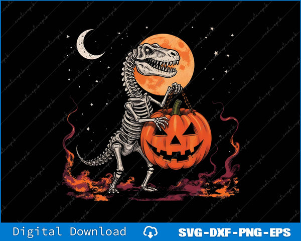 Dinosaur skeleton holding a pumpkin with a Halloween moon in the background