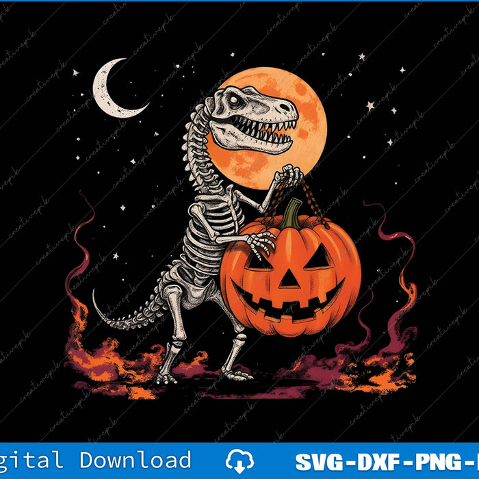 Dinosaur skeleton holding a pumpkin with a Halloween moon in the background