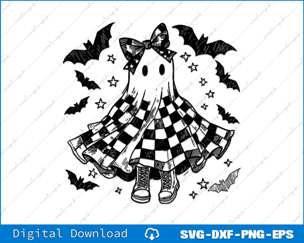 Ghost in a checkered dress with bats and stars on a white background