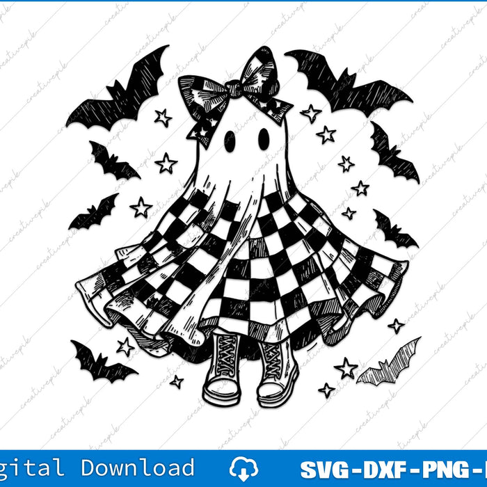 Ghost in a checkered dress with bats and stars on a white background
