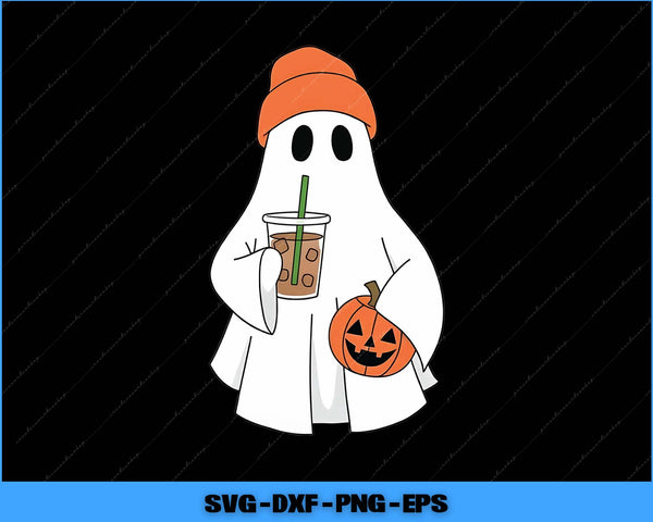Ghost character with a pumpkin and a drink, wearing an orange beanie on a black background.