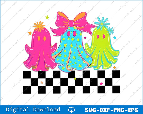 Three colorful ghosts with bows on a checkered background, suitable for digital download.
