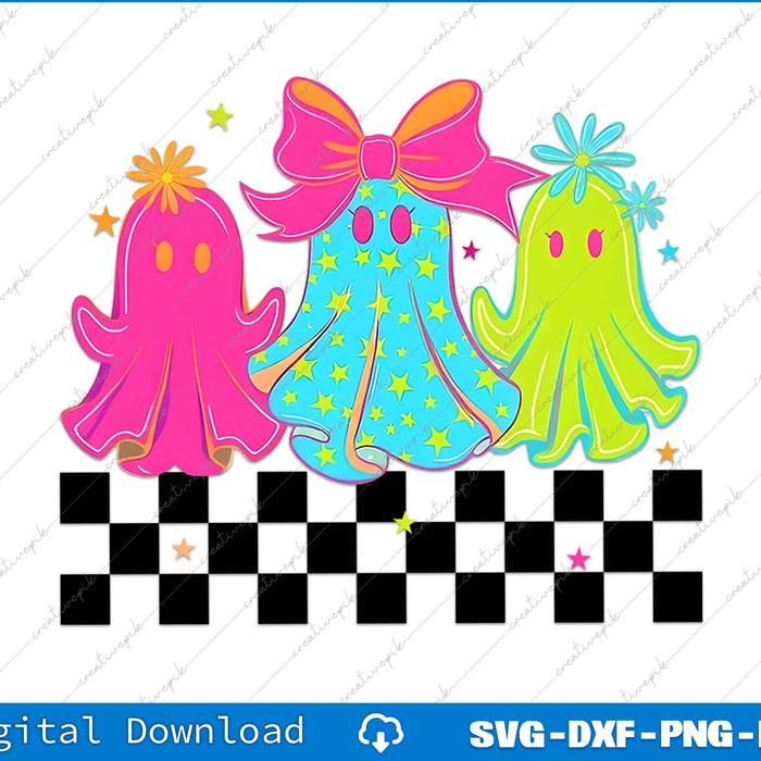 Three colorful ghosts with bows on a checkered background, suitable for digital download.