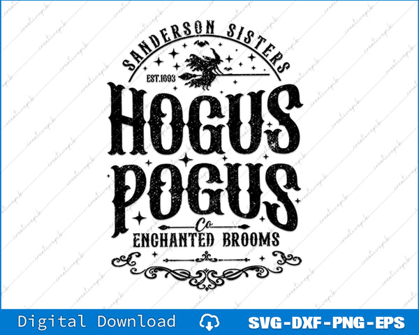 Vintage-style logo with 'Hogus Pogus' text and 'Sanderson Sisters' branding on a white background.