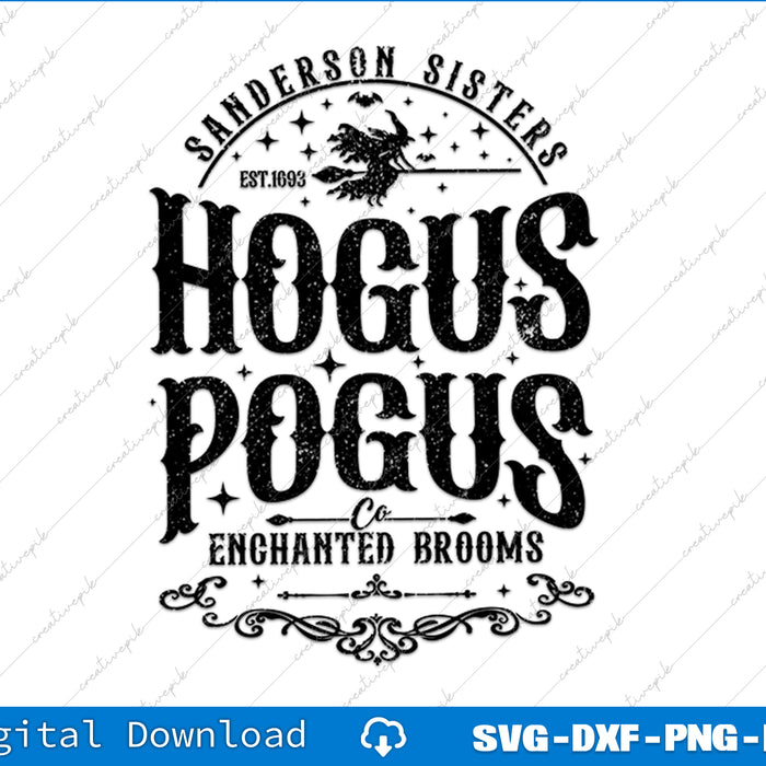 Vintage-style logo with 'Hogus Pogus' text and 'Sanderson Sisters' branding on a white background.