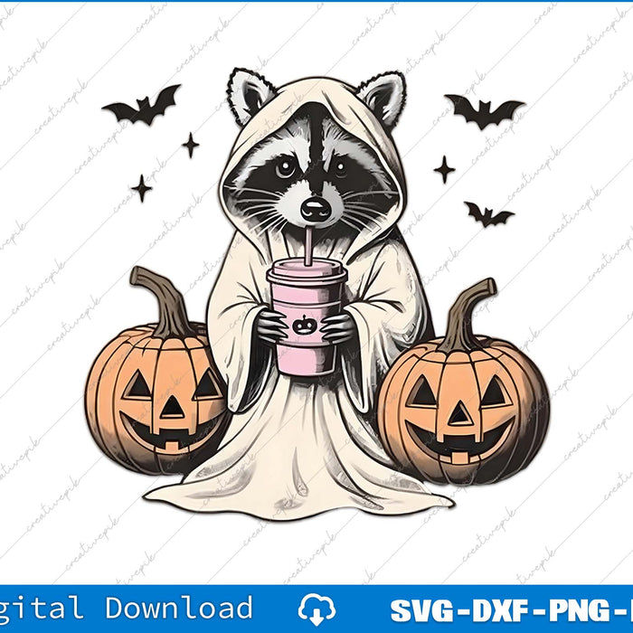 Illustration of a raccoon in a ghost costume with pumpkins and bats on a white background.