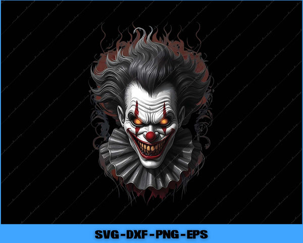 Detailed illustration of a clown with fiery hair on a black background, featuring SVG, DXF, PNG, and EPS formats.