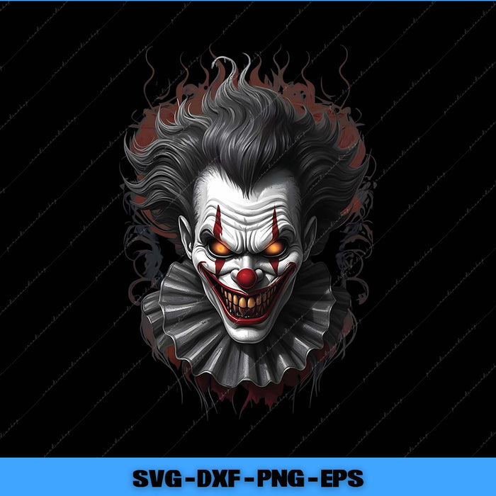 Detailed illustration of a clown with fiery hair on a black background, featuring SVG, DXF, PNG, and EPS formats.