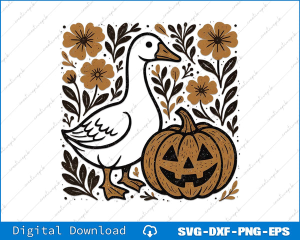 Decorative design of a goose and pumpkin with floral elements on a white background.