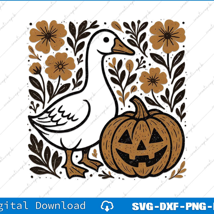 Decorative design of a goose and pumpkin with floral elements on a white background.