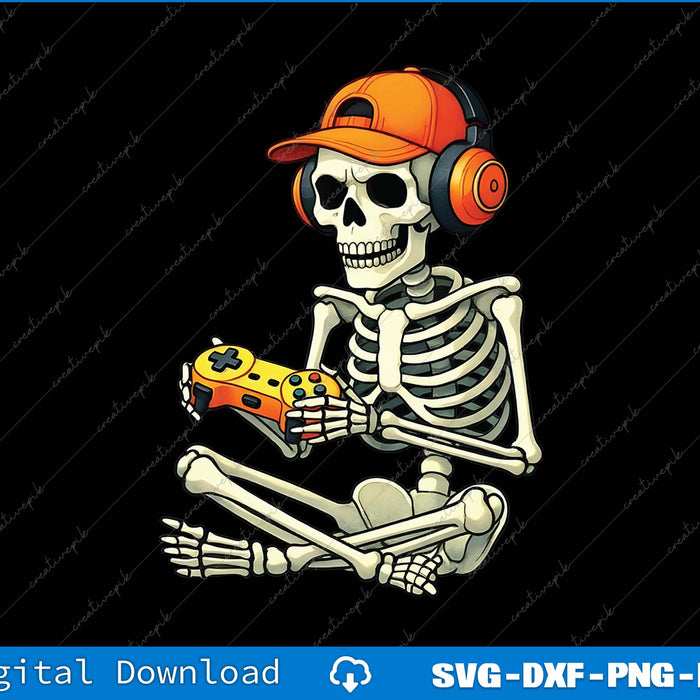 Skeleton wearing an orange cap and headphones holding a gaming controller on a black background