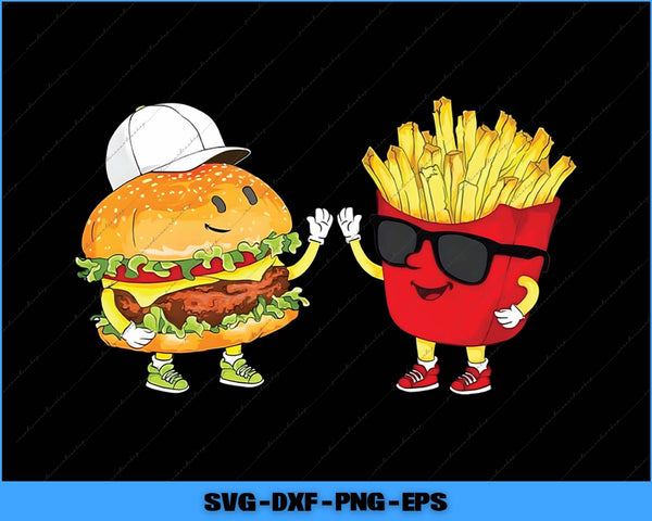 Cartoon hamburger and fries with sunglasses on a black background