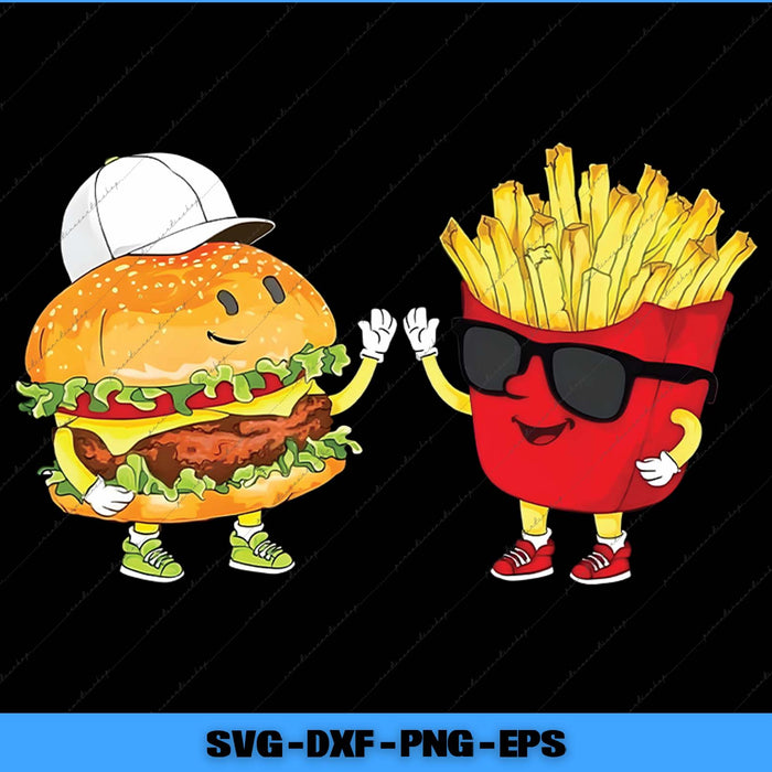 Cartoon hamburger and fries with sunglasses on a black background